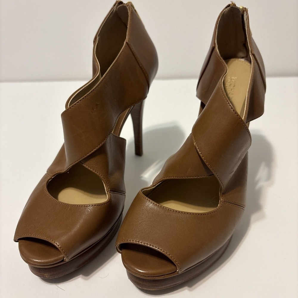 EUC MICHAEL MICHAEL KORS Brown Leather Platform‎ Sandals Heels Back Zip Size 8 M - Picture 7 of 9